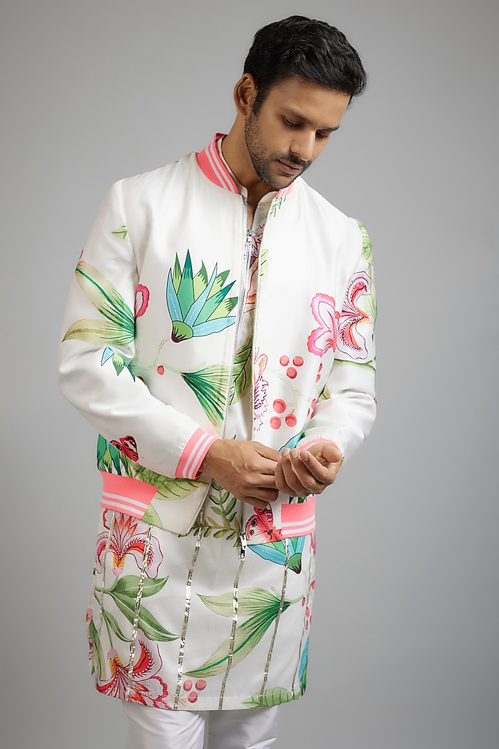 Orange Modal Silk Digital Printed Bomber Jacket Set by sharad raghav men at Pernia's Pop Up Shop