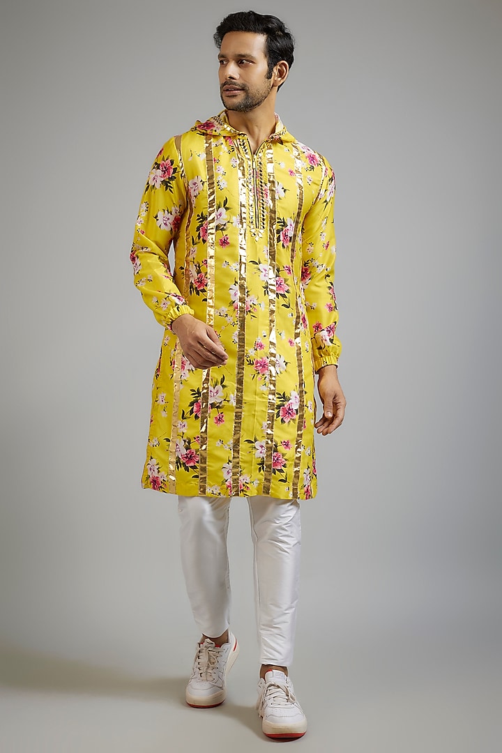 Yellow Modal Silk Digital Printed & Mirror Embroidered Hoodie Kurta Set by sharad raghav men