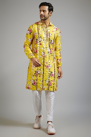 Yellow Modal Silk Digital Printed & Hoodie Kurta Set by sharad raghav men