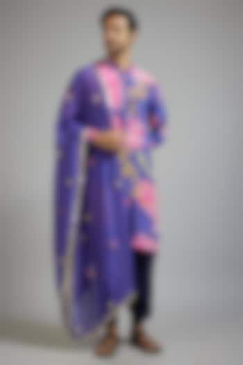 Blue Modal Silk Floral Printed & Mirror Embroidered Kurta Set by sharad raghav men