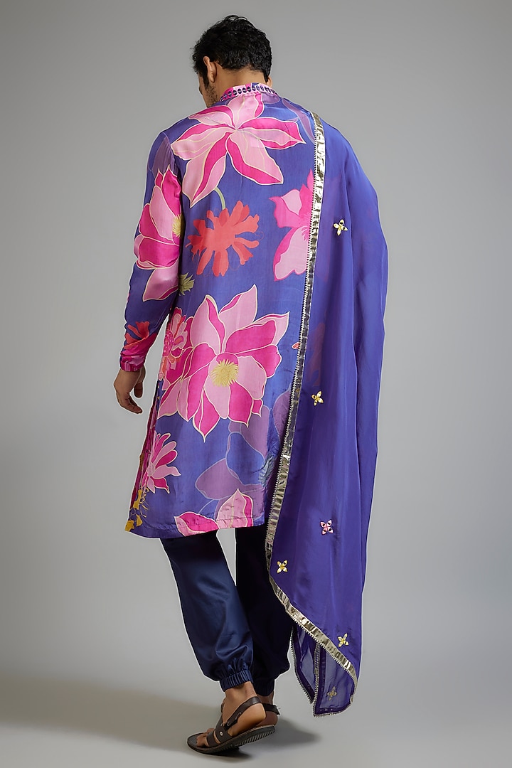 Blue Modal Silk Floral Printed Kurta Set by sharad raghav men at Pernia's Pop Up Shop