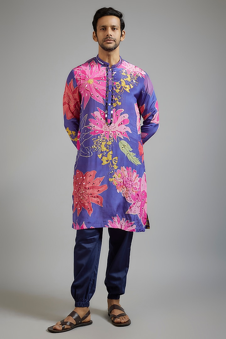 Blue Modal Silk Floral Printed Kurta Set by sharad raghav men at Pernia's Pop Up Shop