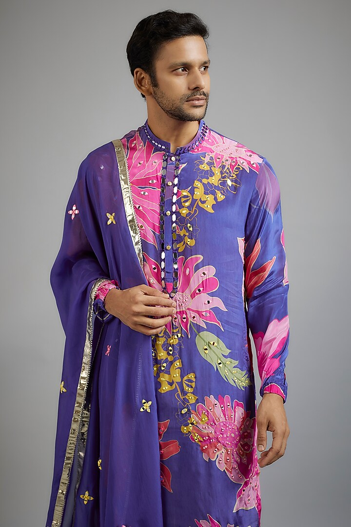 Blue Modal Silk Floral Printed Kurta Set by sharad raghav men at Pernia's Pop Up Shop