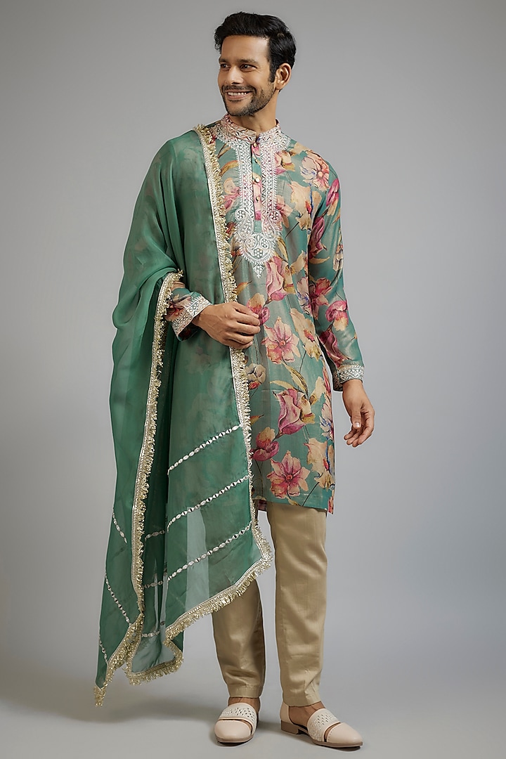 Pistachio Green Shimmer Georgette Digital Printed & Mirror Embroidered Kurta Set by sharad raghav men