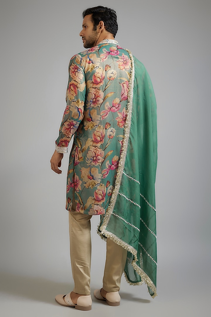 Pistachio Green Shimmer Georgette Digital Printed & Mirror Embroidered Kurta Set by sharad raghav men at Pernia's Pop Up Shop