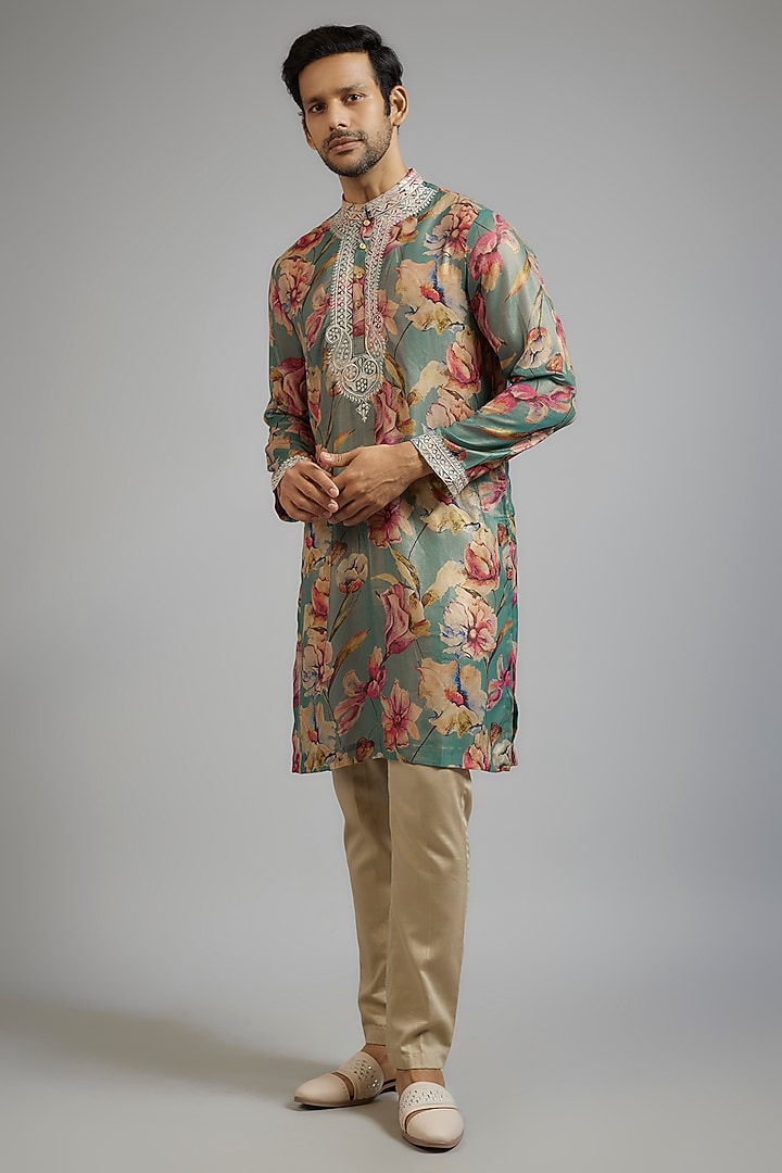 Pistachio Green Shimmer Georgette Digital Printed & Mirror Embroidered Kurta Set by sharad raghav men at Pernia's Pop Up Shop