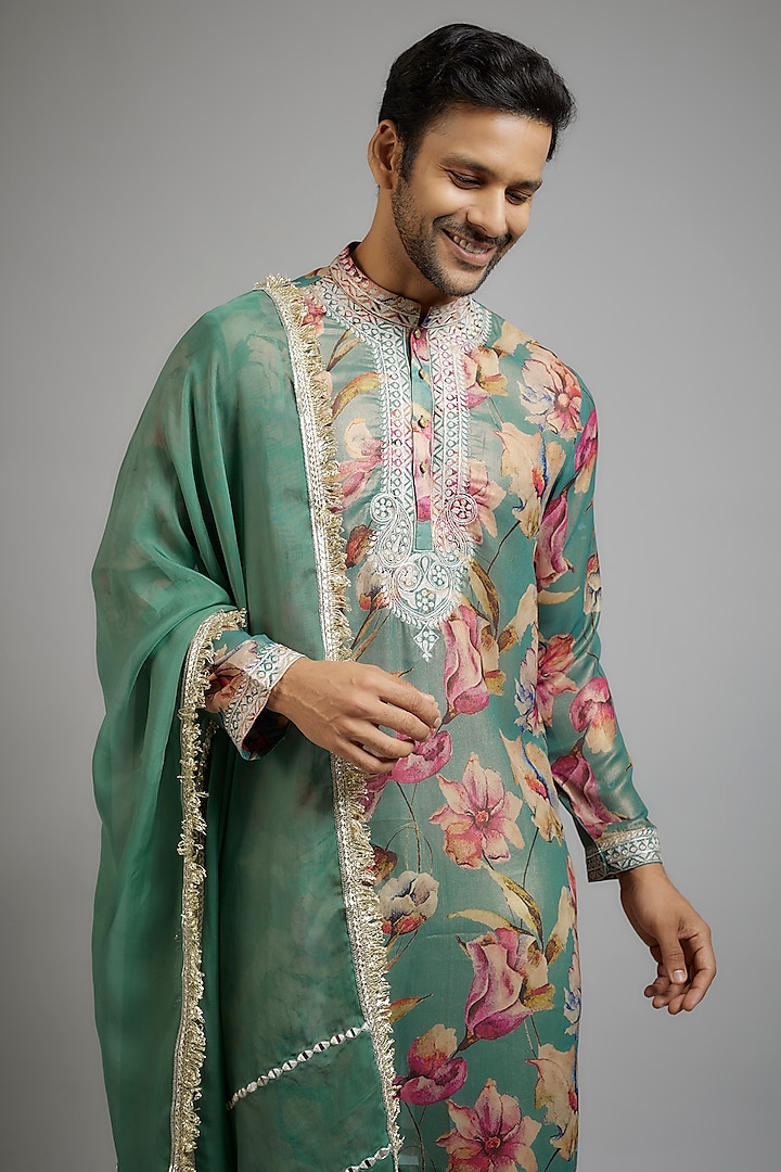 Pistachio Green Shimmer Georgette Digital Printed & Mirror Embroidered Kurta Set by sharad raghav men at Pernia's Pop Up Shop