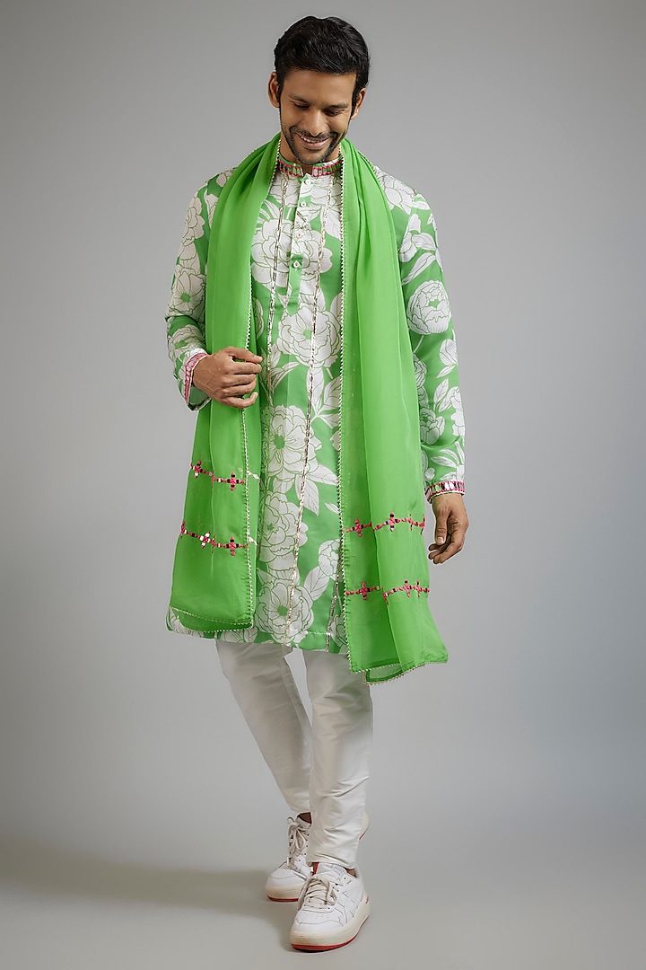 Mint Green Modal Silk Digital Printed & Mirror Embroidered Kurta Set by sharad raghav men