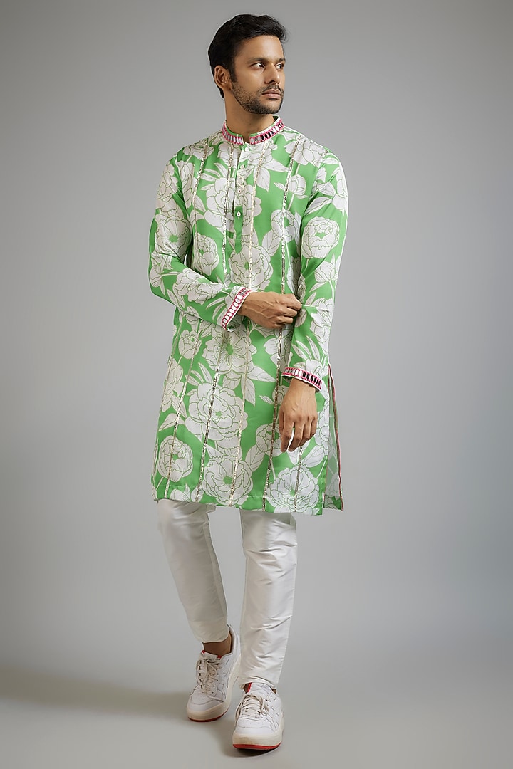 Mint Green Modal Silk Digital Printed Kurta Set by sharad raghav men at Pernia's Pop Up Shop
