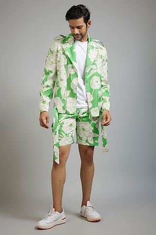 Neon Green Modal Silk Digital Printed Bomber Jacket Set by sharad raghav men