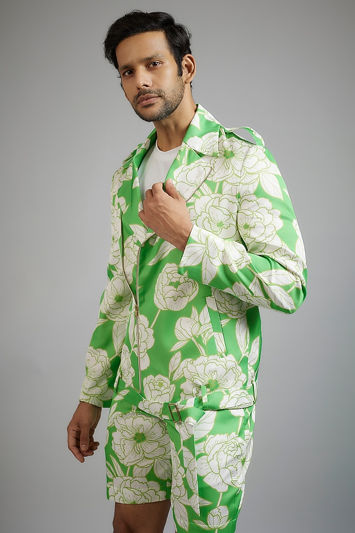Neon Green Modal Silk Digital Printed Bomber Jacket Set by sharad raghav men at Pernia's Pop Up Shop