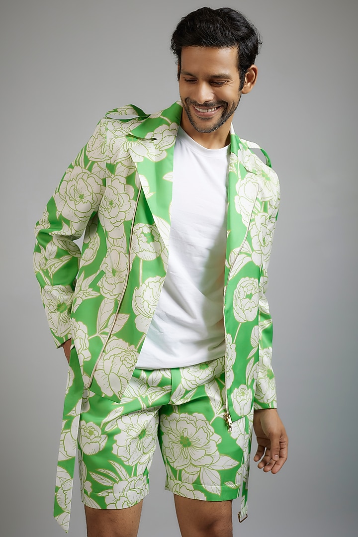 Neon Green Modal Silk Digital Printed Bomber Jacket Set by sharad raghav men at Pernia's Pop Up Shop