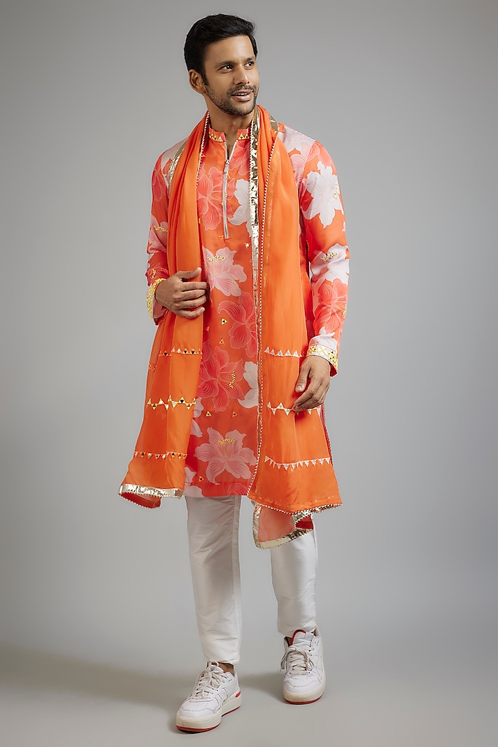 Orange Modal Silk Floral Printed & Mirror Embroidered Kurta Set by sharad raghav men