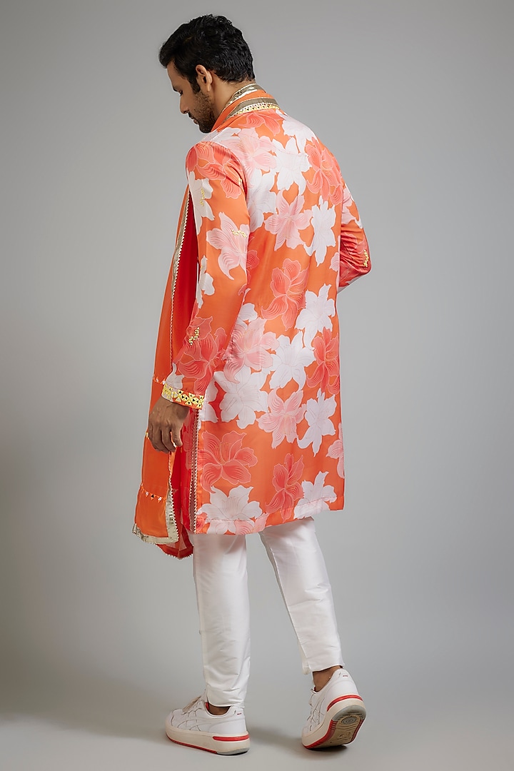 Orange Modal Silk Floral Printed Kurta Set by sharad raghav men at Pernia's Pop Up Shop
