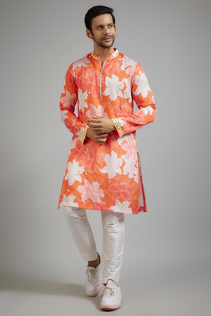 Orange Modal Silk Floral Printed Kurta Set by sharad raghav men at Pernia's Pop Up Shop