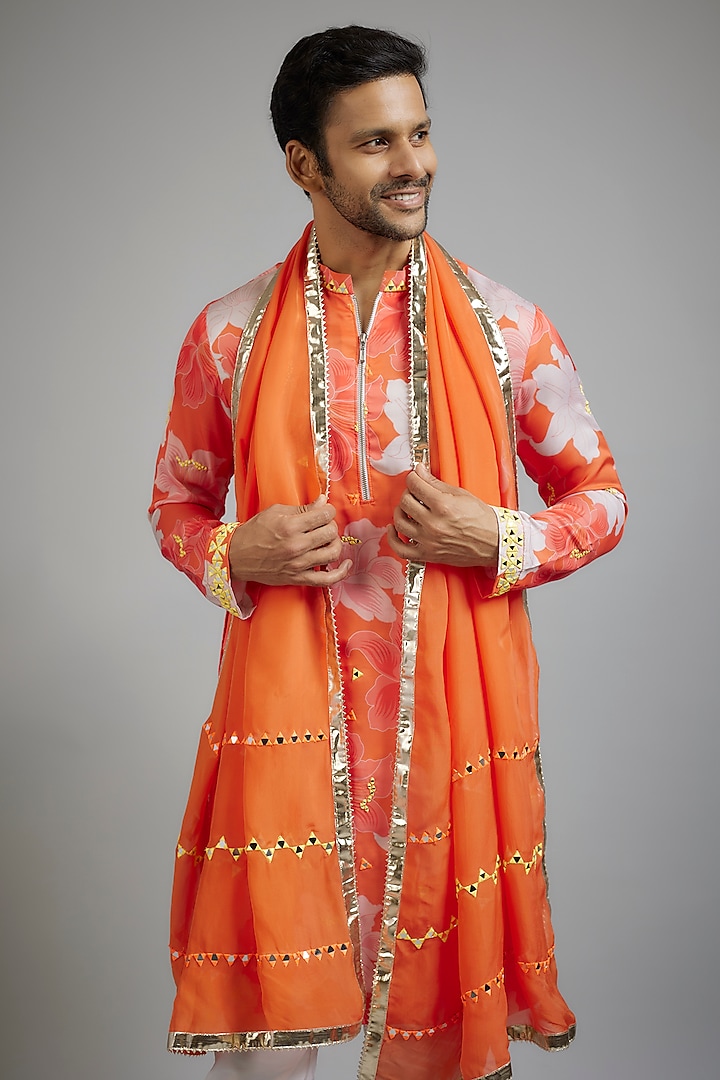 Orange Modal Silk Floral Printed Kurta Set by sharad raghav men at Pernia's Pop Up Shop