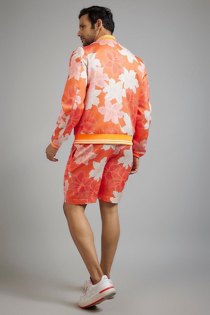 Orange Modal Silk DIgital Printed Bomber Jacket Set by sharad raghav men at Pernia's Pop Up Shop