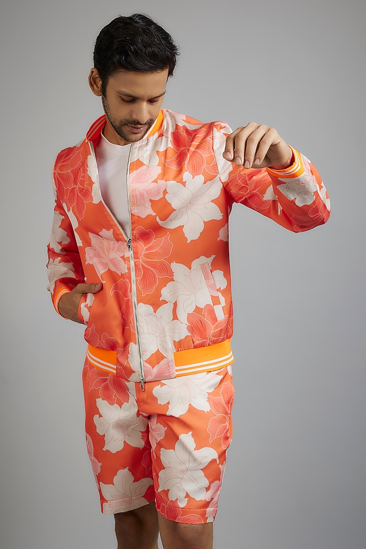 Orange Modal Silk DIgital Printed Bomber Jacket Set by sharad raghav men at Pernia's Pop Up Shop