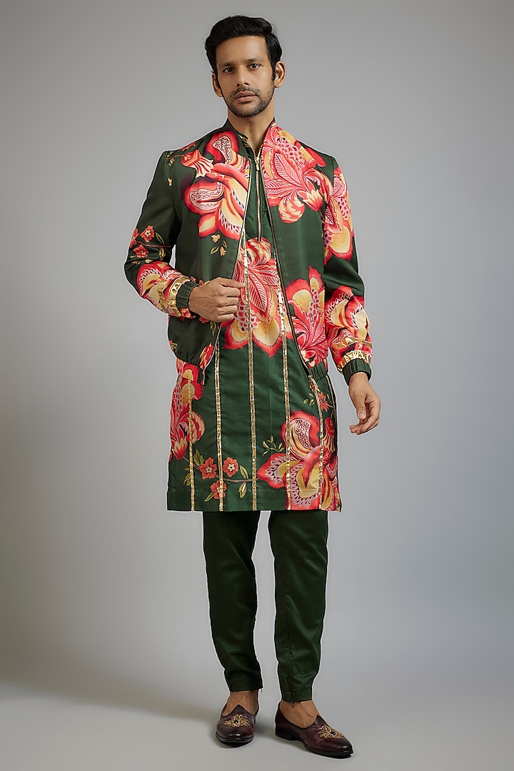 Green Modal Silk Digital Printed Bomber Jacket Set by sharad raghav men