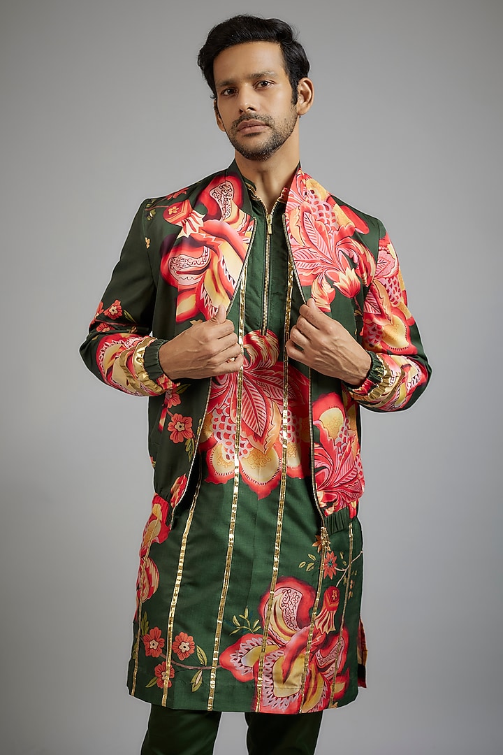 Green Modal Silk Digital Printed Bomber Jacket Set by sharad raghav men at Pernia's Pop Up Shop