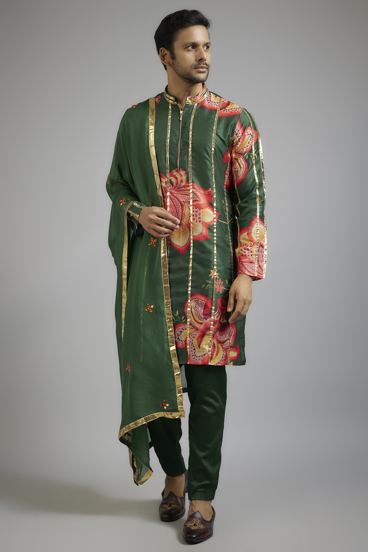 Emerald Green Modal Silk Digital Printed & Gota Patti Embroidered Kurta Set by sharad raghav men