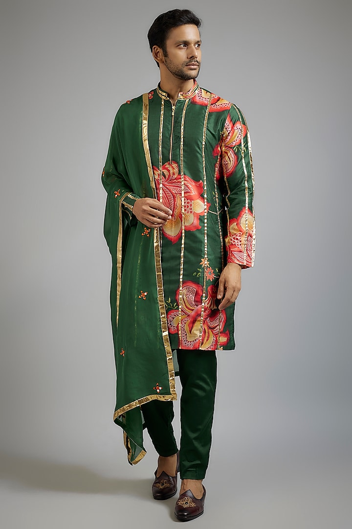 Emerald Green Modal Silk Digital Printed & Gota Patti Embroidered Kurta Set by sharad raghav men