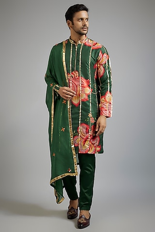 Emerald Green Modal Silk Digital Printed Kurta Set by sharad raghav men