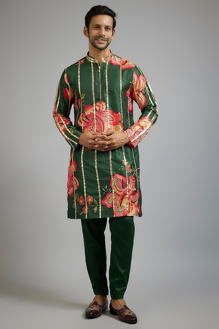 Emerald Green Modal Silk Digital Printed Kurta Set by sharad raghav men at Pernia's Pop Up Shop