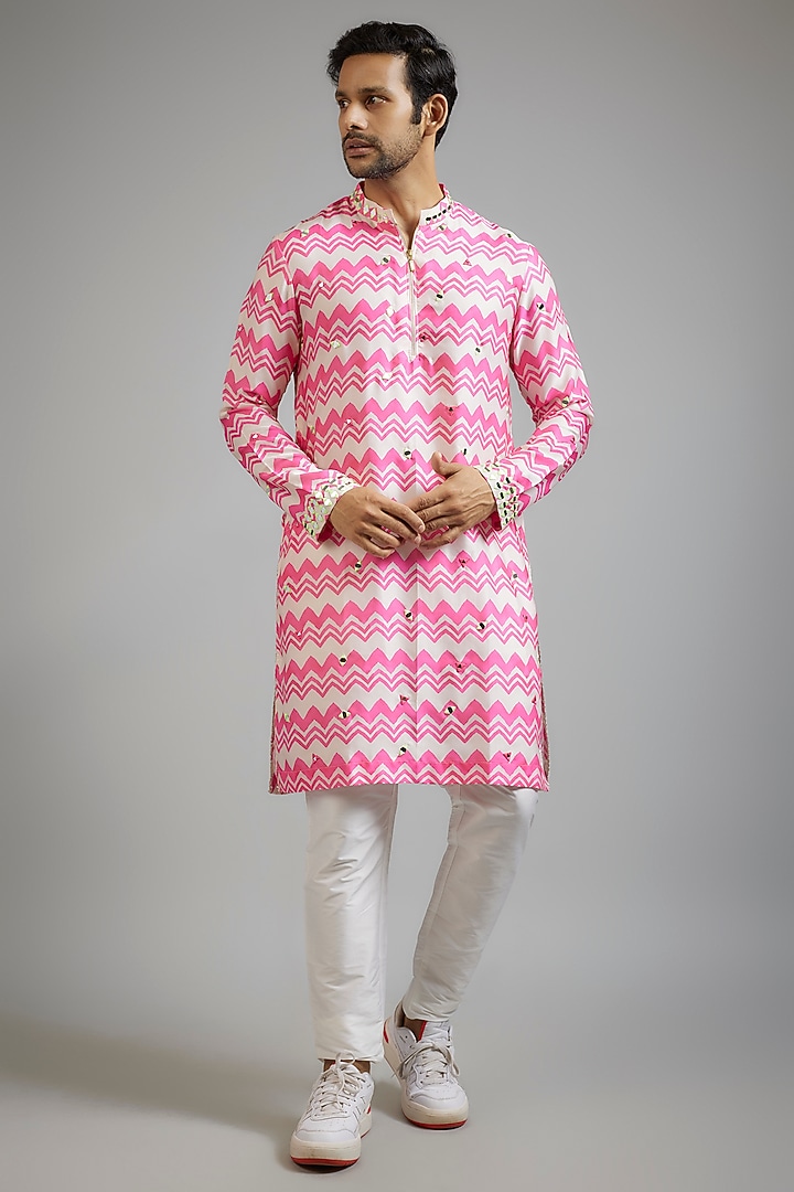 Pink Modal Silk Printed & Gota Patti Embroidered Kurta Set by sharad raghav men at Pernia's Pop Up Shop