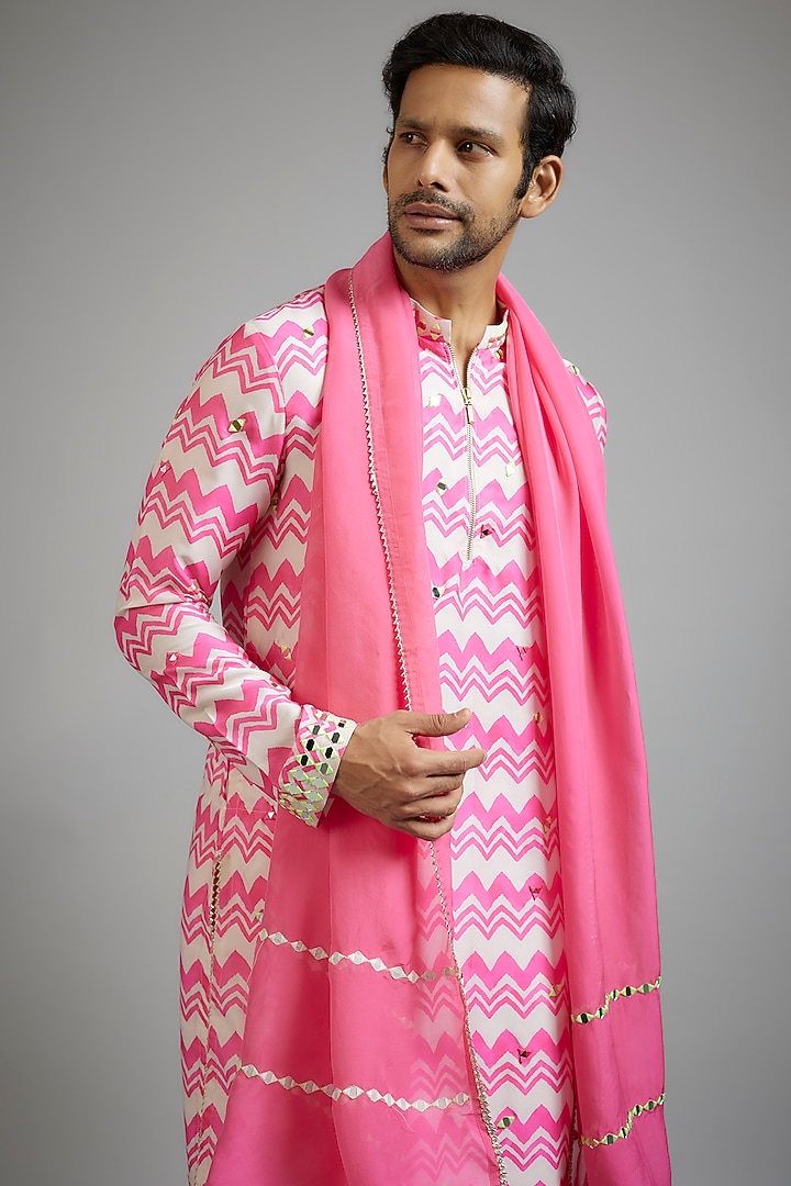 Pink Modal Silk Printed & Gota Patti Embroidered Kurta Set by sharad raghav men at Pernia's Pop Up Shop