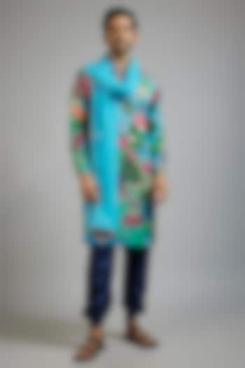 Sea Green Modal Silk Floral Printed & Mirror Embroidered Kurta Set by sharad raghav men