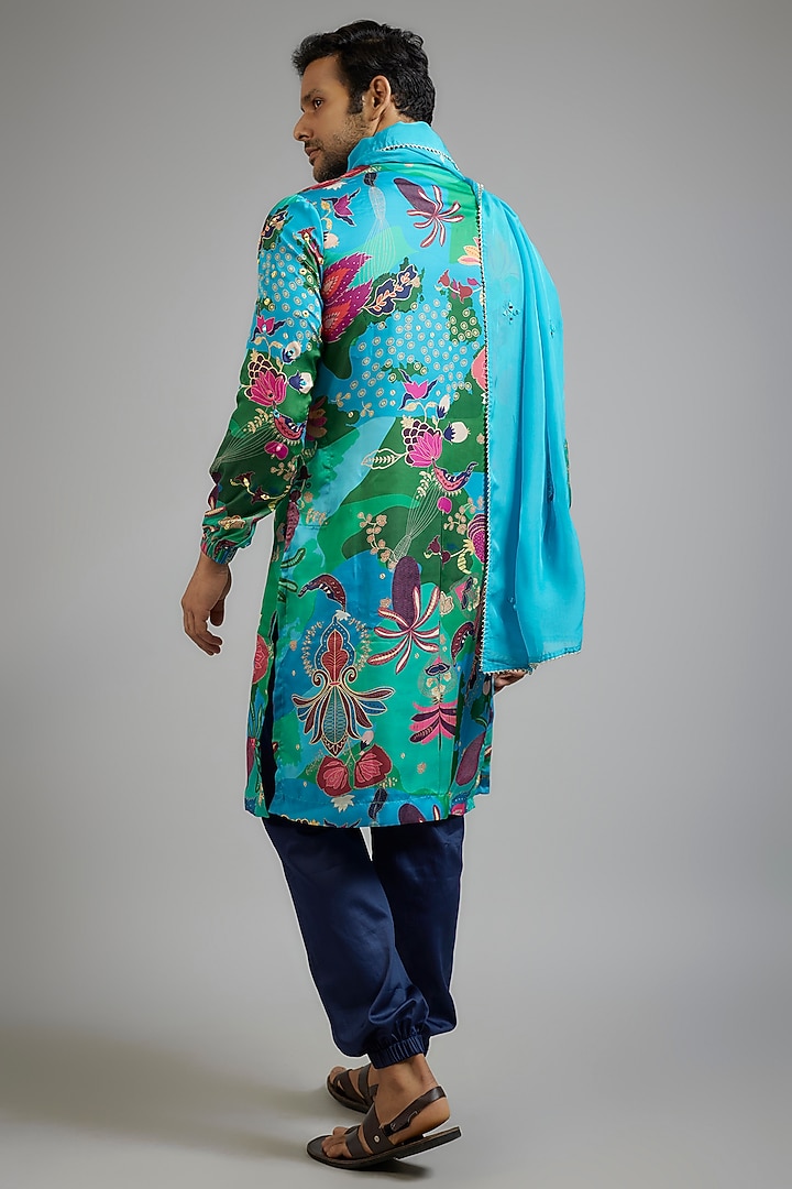 Sea Green Modal Silk Floral Printed Kurta Set by sharad raghav men at Pernia's Pop Up Shop