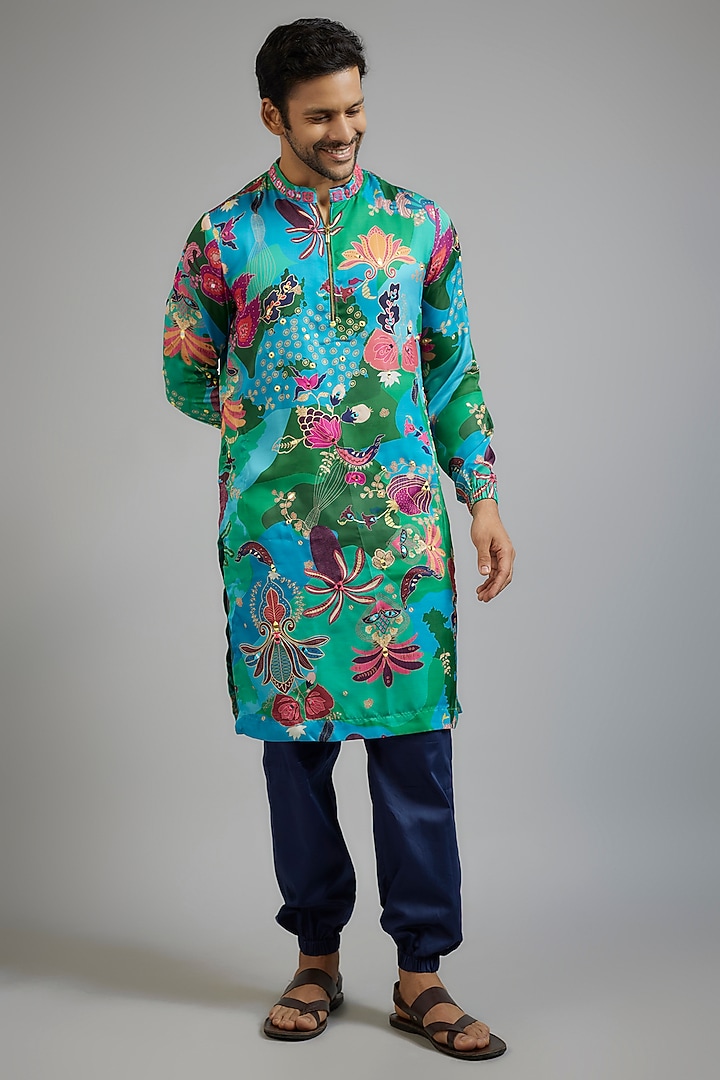 Sea Green Modal Silk Floral Printed Kurta Set by sharad raghav men at Pernia's Pop Up Shop