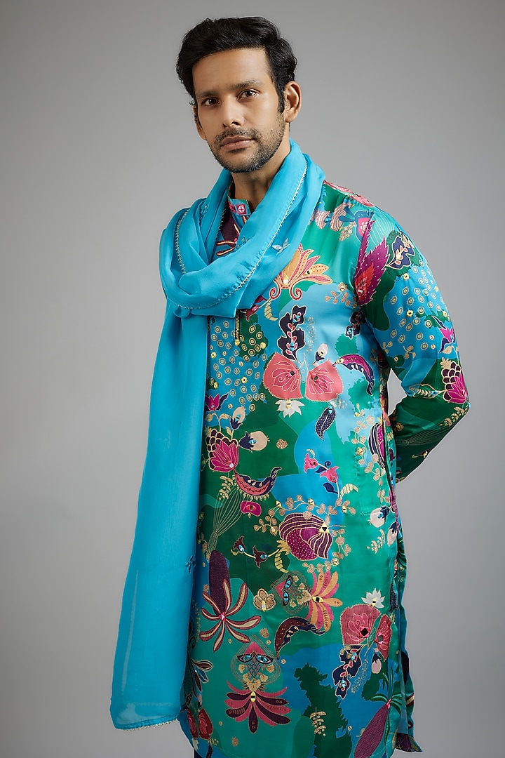 Sea Green Modal Silk Floral Printed Kurta Set by sharad raghav men at Pernia's Pop Up Shop