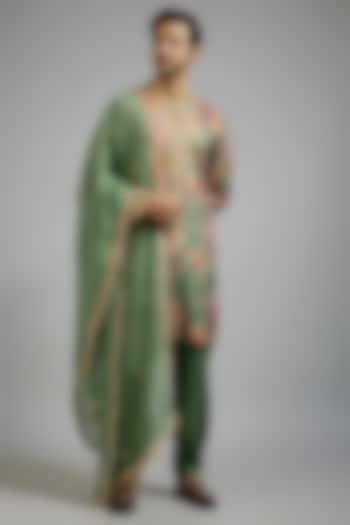 Pastel Green Shimmer Georgette Digital Printed & Mirror Embroidered Kurta Set by sharad raghav men