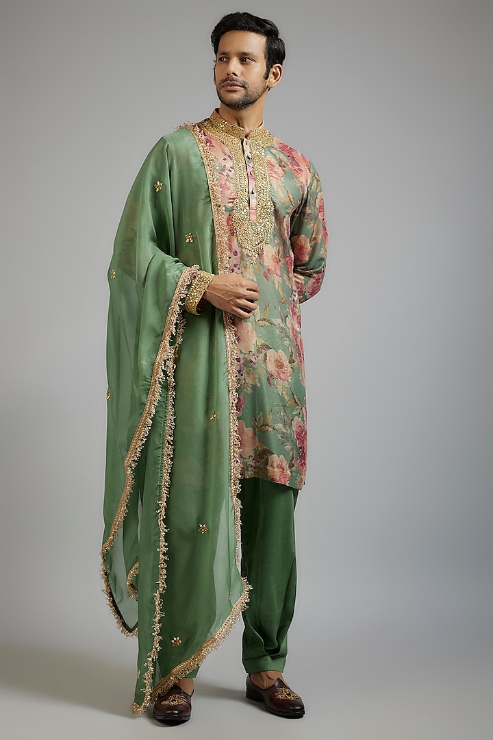 Pastel Green Shimmer Georgette Digital Printed & Mirror Embroidered Kurta Set by sharad raghav men