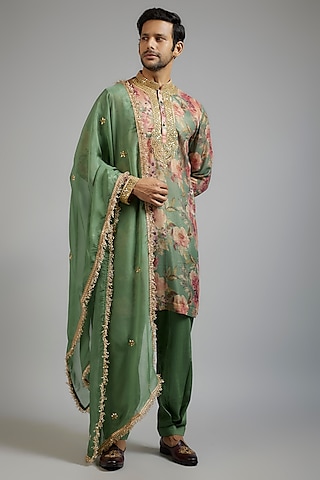 Pastel Green Shimmer Georgette Digital Printed Kurta Set by sharad raghav men