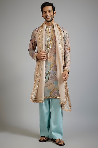 Gold & Blue Shimmer Georgette Digital Printed Kurta Set by sharad raghav men