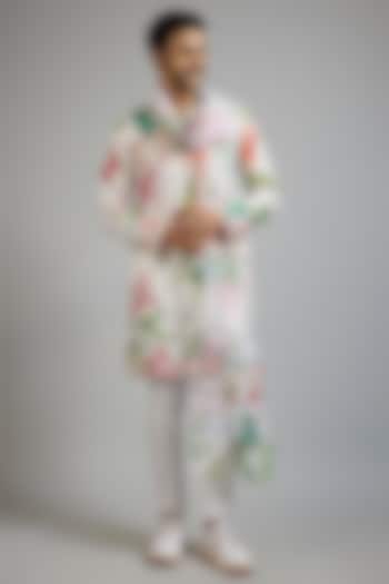 Off-White Modal Silk Digital Printed & Gota Patti Embroidered Kurta Set by sharad raghav men