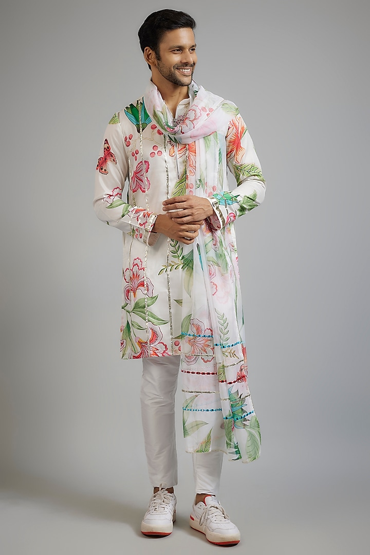 Off-White Modal Silk Digital Printed & Gota Patti Embroidered Kurta Set by sharad raghav men