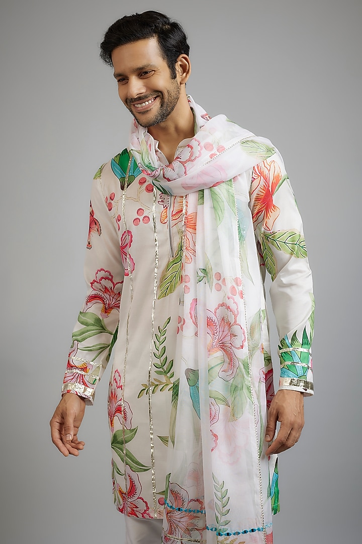 Off-White Modal Silk Digital Printed Kurta Set by sharad raghav men at Pernia's Pop Up Shop