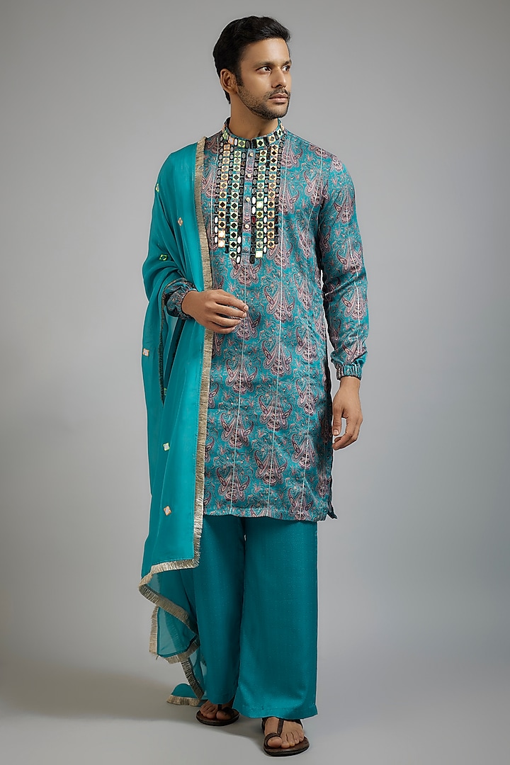 Teal Blue Modal Silk Paisley Printed & Mirror Embroidered Kurta Set by sharad raghav men