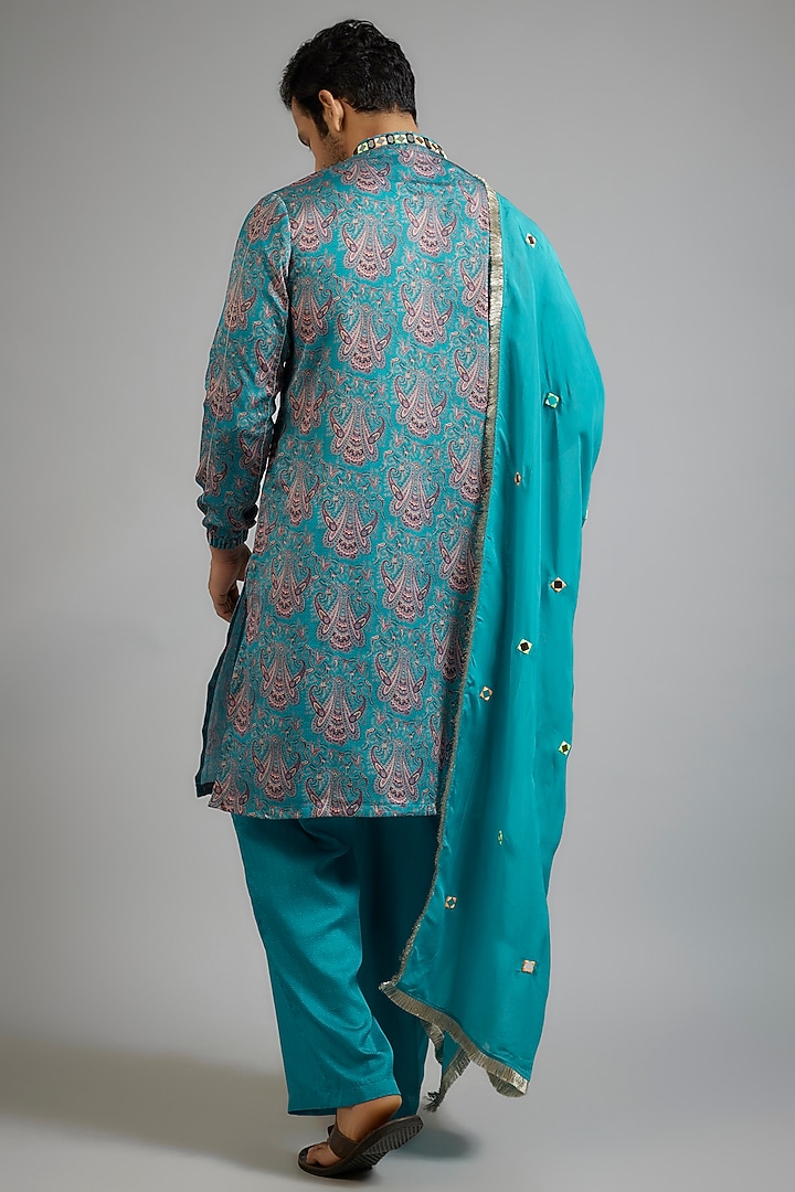 Teal Blue Modal Silk Paisley Printed Kurta Set by sharad raghav men at Pernia's Pop Up Shop