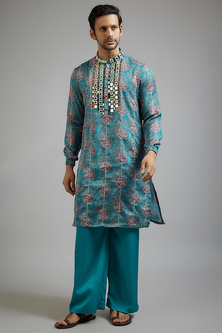 Teal Blue Modal Silk Paisley Printed Kurta Set by sharad raghav men at Pernia's Pop Up Shop