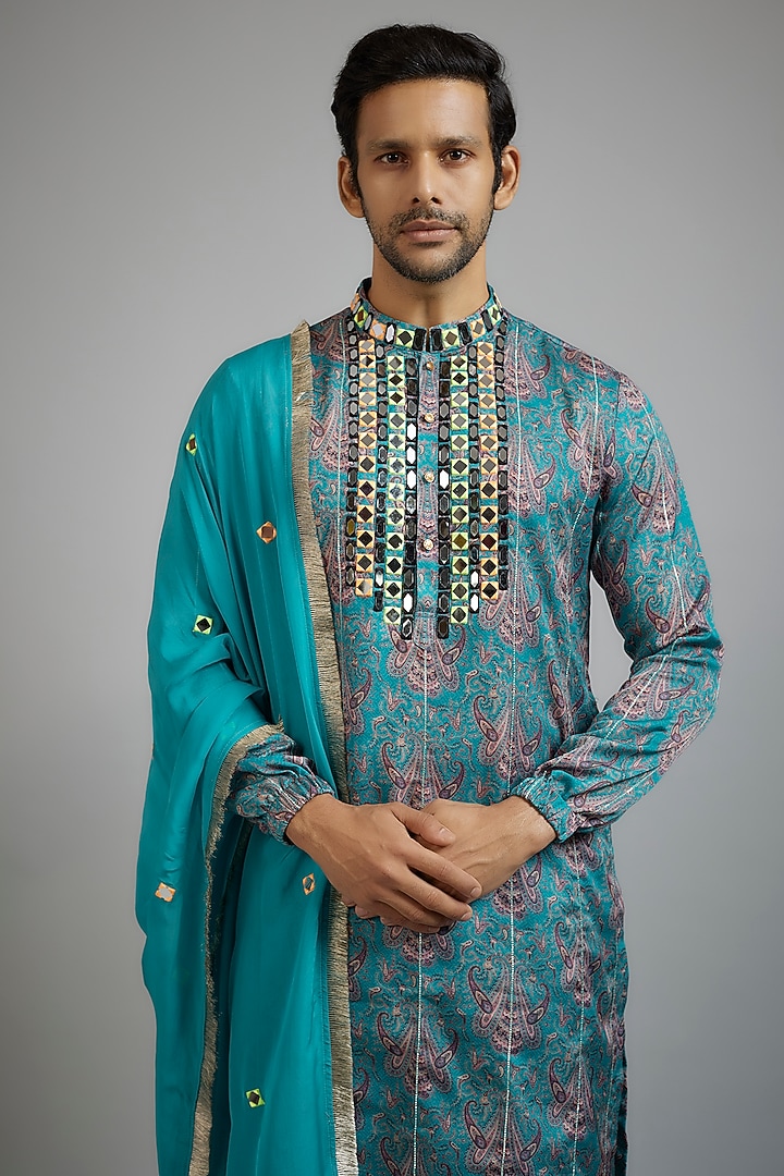 Teal Blue Modal Silk Paisley Printed Kurta Set by sharad raghav men at Pernia's Pop Up Shop