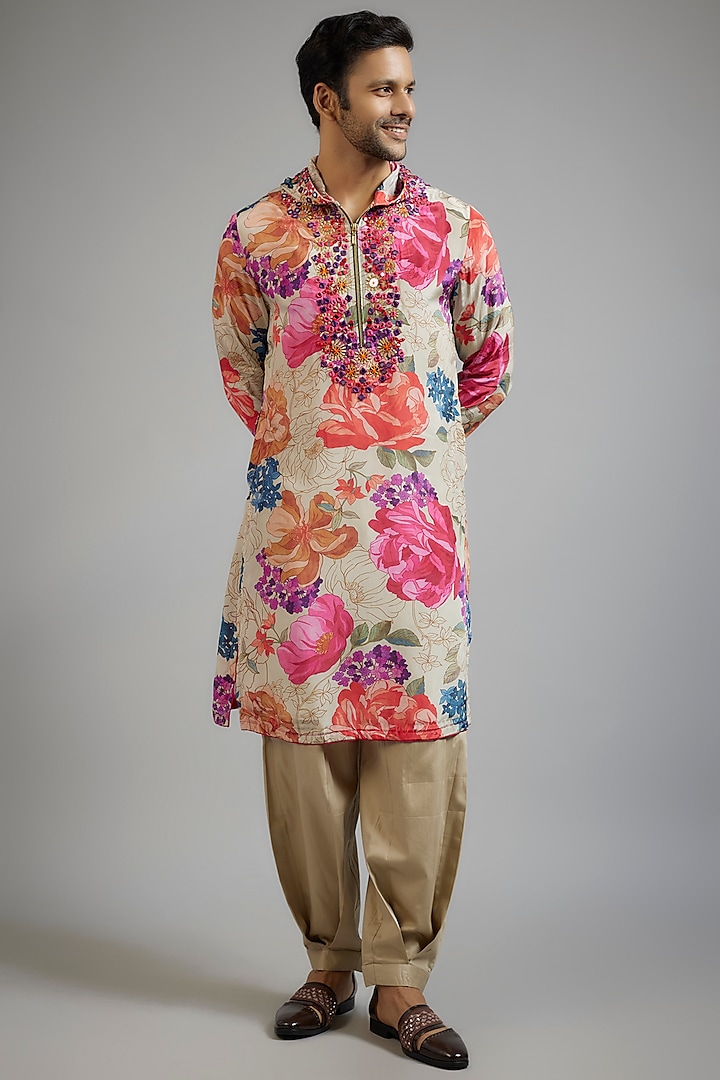 Beige Modal Silk Floral Printed & Mirror Embroidered Hoodie Kurta Set by sharad raghav men