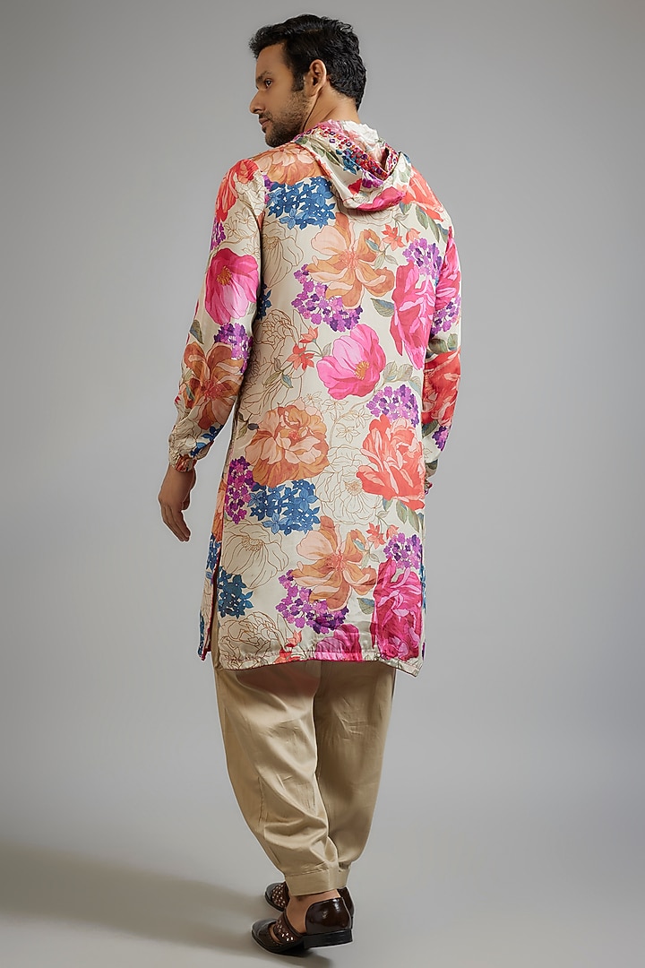 Beige Modal Silk Floral Printed Hoodie Kurta Set by sharad raghav men at Pernia's Pop Up Shop