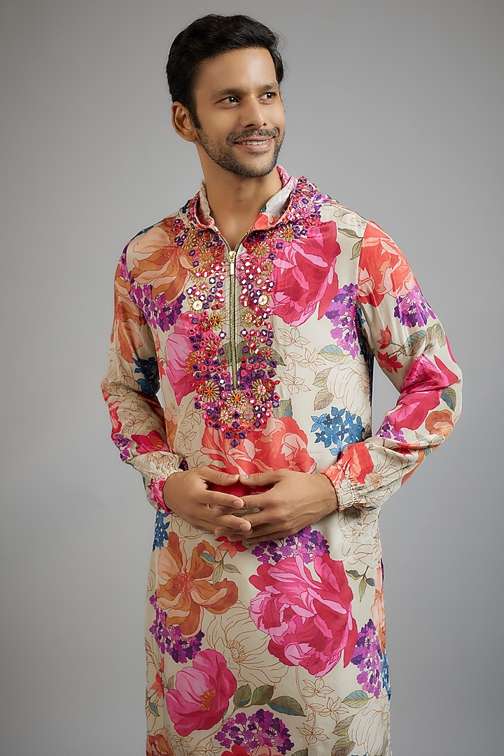 Beige Modal Silk Floral Printed Hoodie Kurta Set by sharad raghav men at Pernia's Pop Up Shop