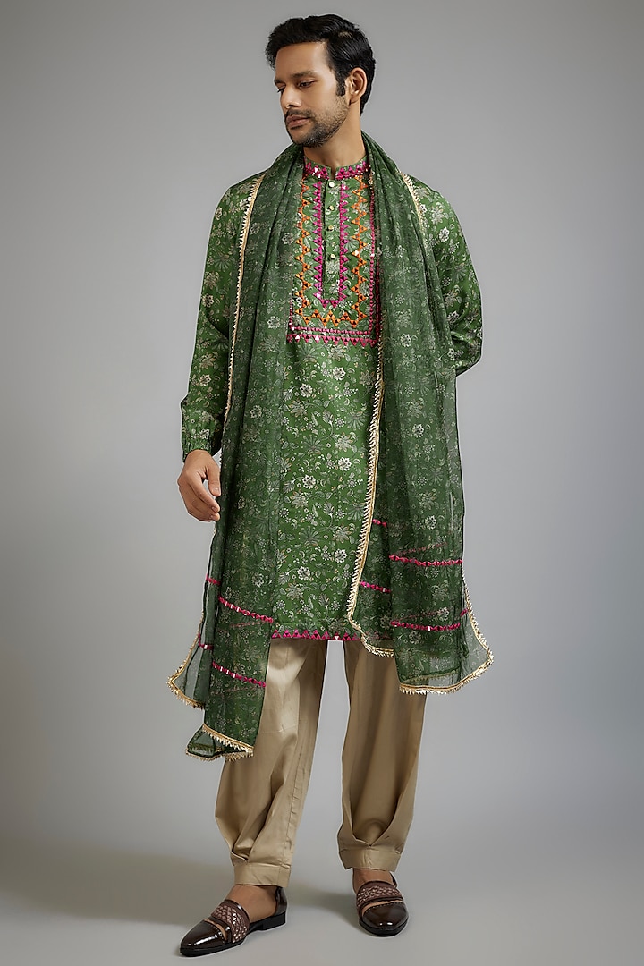 Green Modal Silk Floral Printed & Mirror Embroidered Kurta Set by sharad raghav men