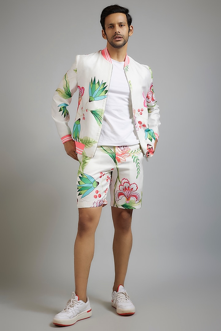 White Modal Silk Floral Printed Bomber Jacket Set by sharad raghav men